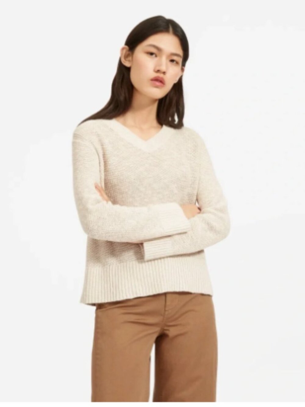 Everlane Cotton Linen V-Neck Sweater L Sand